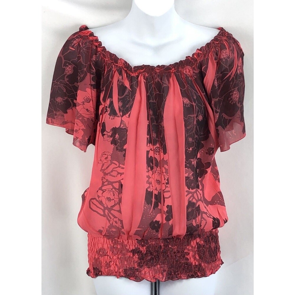 Vintage boutique chiffon off shoulder top S coral floral smocked pleats Punk Y2K